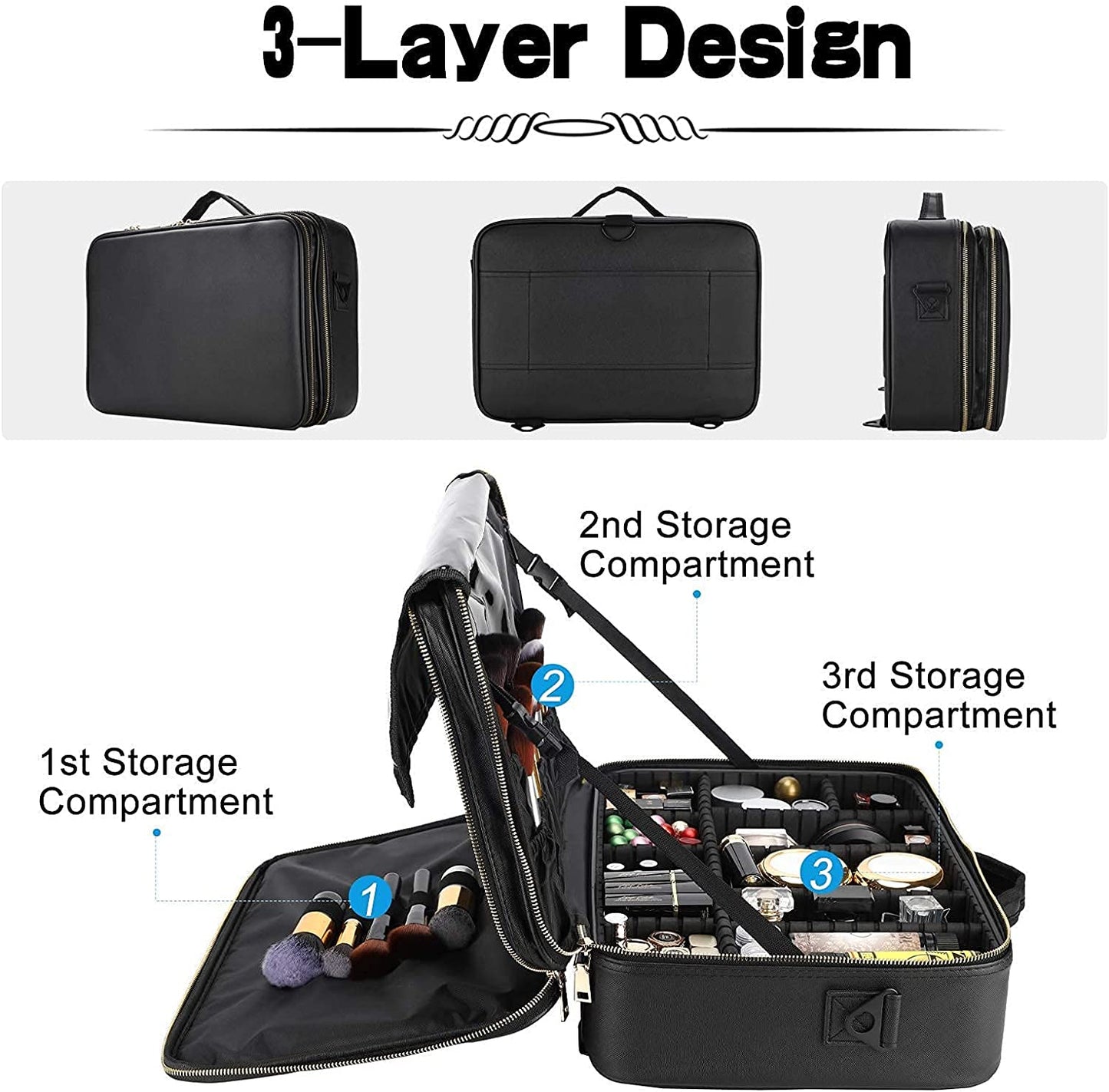 Travel Makeup Train Case, PU Leather Professional Makeup Case with Adjustable Strap Portable Cosmetic Organizer Artist Storage Bag for Toiletry Jewelry Digital Accessories (L-Black)