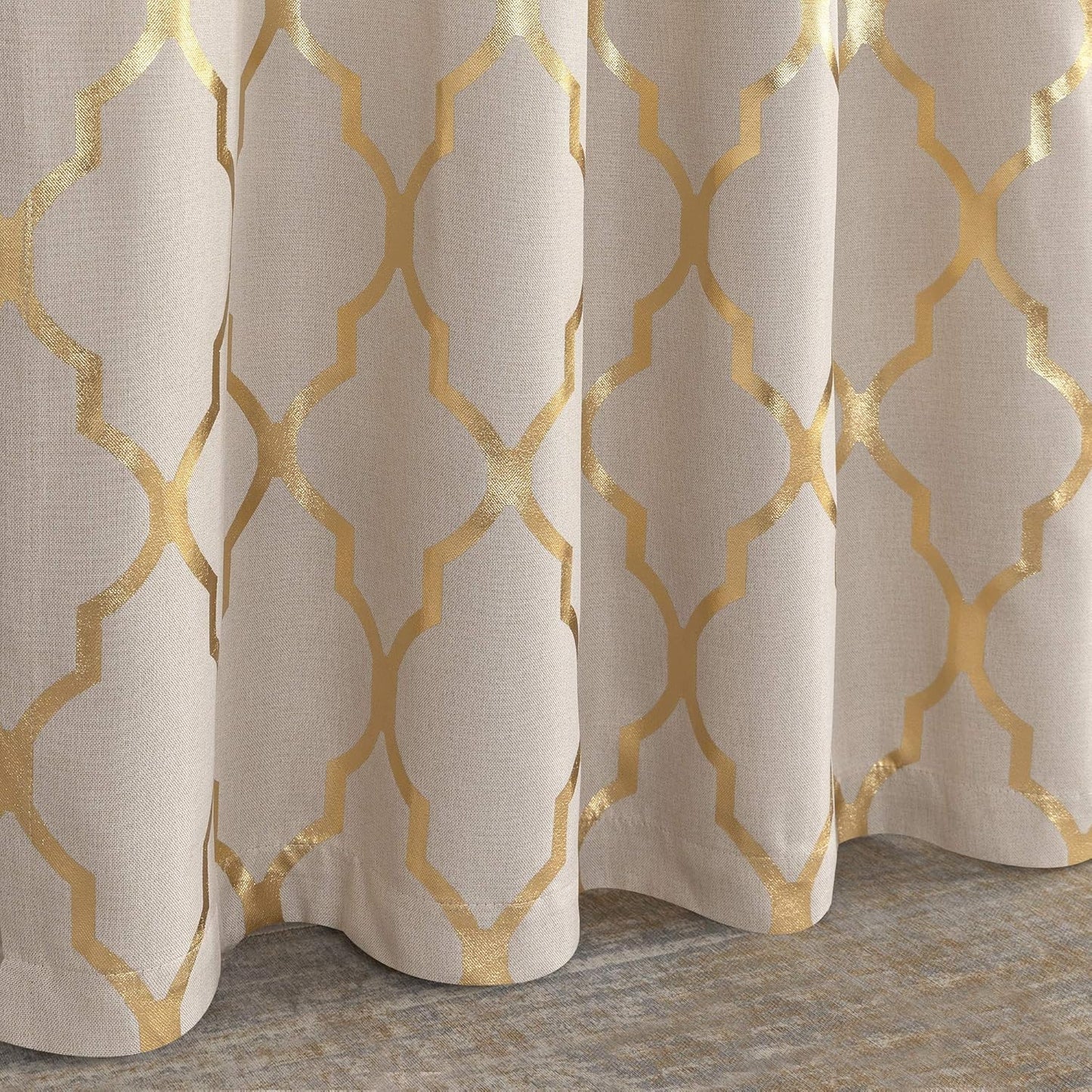 Linen Textured Curtains for Living Room Darkening Drapes Foil Moroccan Tile Print Curtains for Bedroom Window Treatment Set 84 Inch Long One Panel Gold