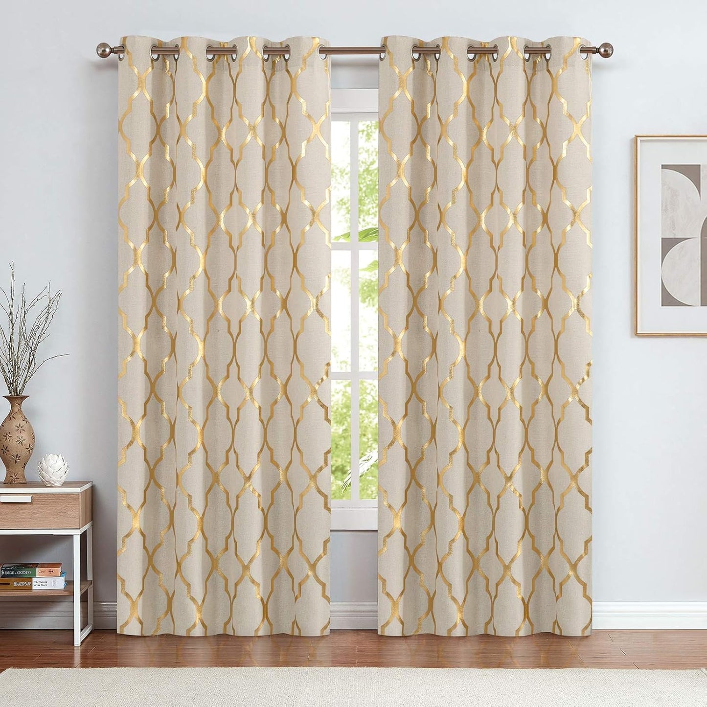 Linen Textured Curtains for Living Room Darkening Drapes Foil Moroccan Tile Print Curtains for Bedroom Window Treatment Set 84 Inch Long One Panel Gold