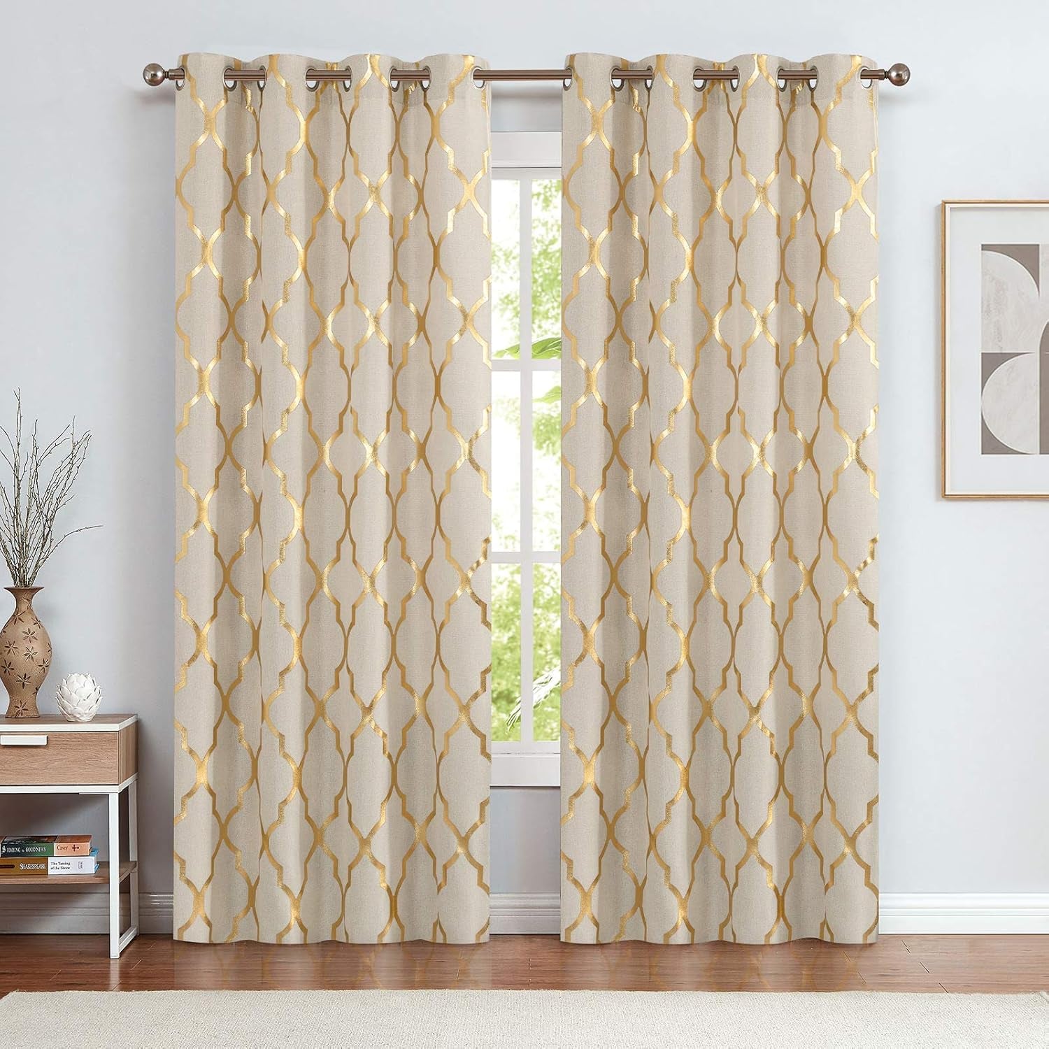 Linen Textured Curtains for Living Room Darkening Drapes Foil Moroccan Tile Print Curtains for Bedroom Window Treatment Set 84 Inch Long One Panel Gold