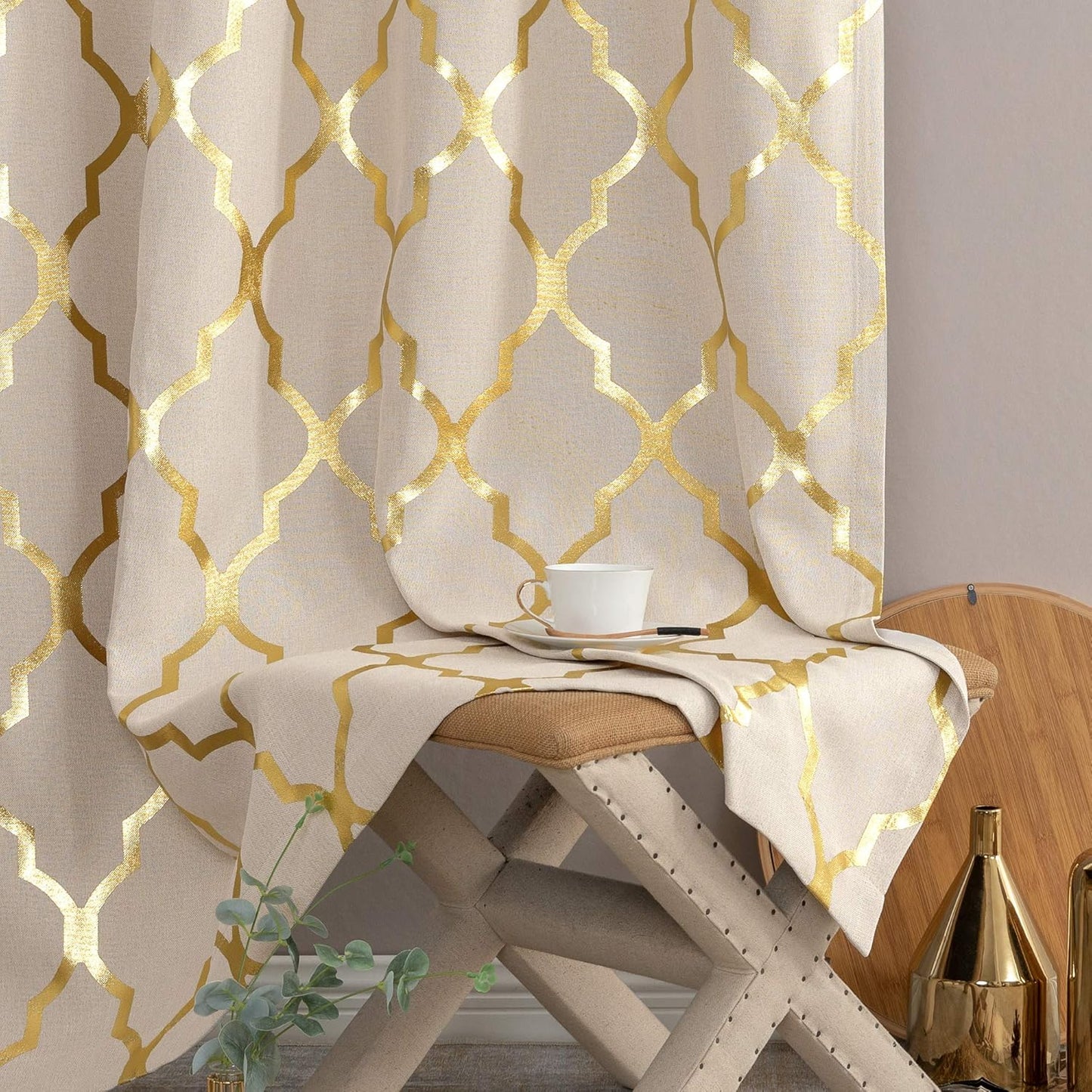 Linen Textured Curtains for Living Room Darkening Drapes Foil Moroccan Tile Print Curtains for Bedroom Window Treatment Set 84 Inch Long One Panel Gold