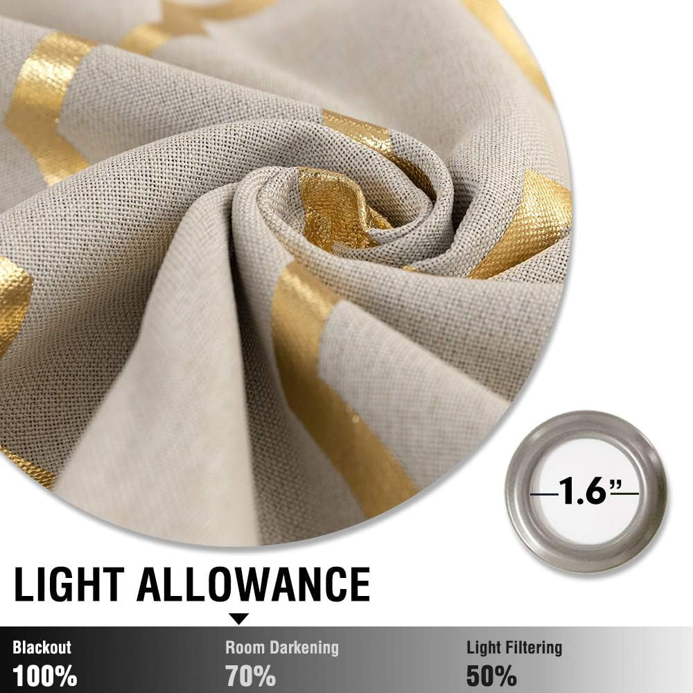 Linen Textured Curtains for Living Room Darkening Drapes Foil Moroccan Tile Print Curtains for Bedroom Window Treatment Set 84 Inch Long One Panel Gold