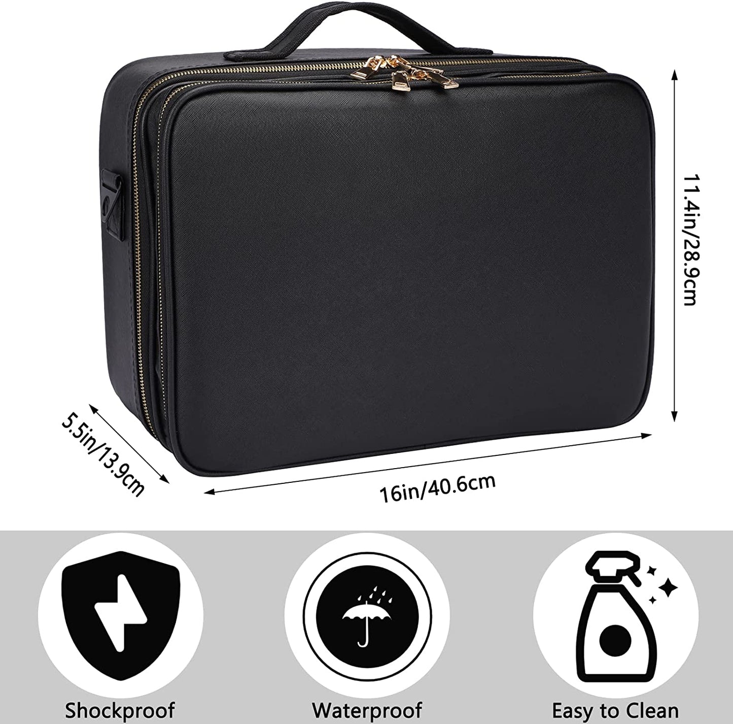 Travel Makeup Train Case, PU Leather Professional Makeup Case with Adjustable Strap Portable Cosmetic Organizer Artist Storage Bag for Toiletry Jewelry Digital Accessories (L-Black)