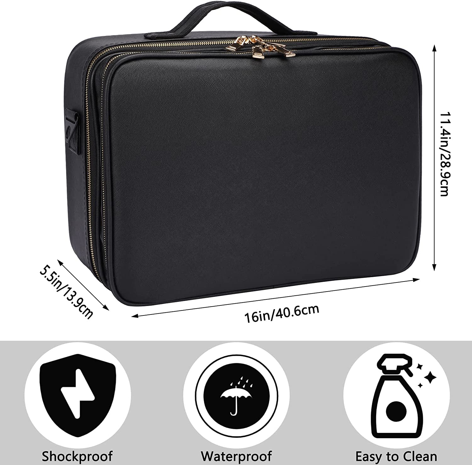 Travel Makeup Train Case, PU Leather Professional Makeup Case with Adjustable Strap Portable Cosmetic Organizer Artist Storage Bag for Toiletry Jewelry Digital Accessories (L-Black)