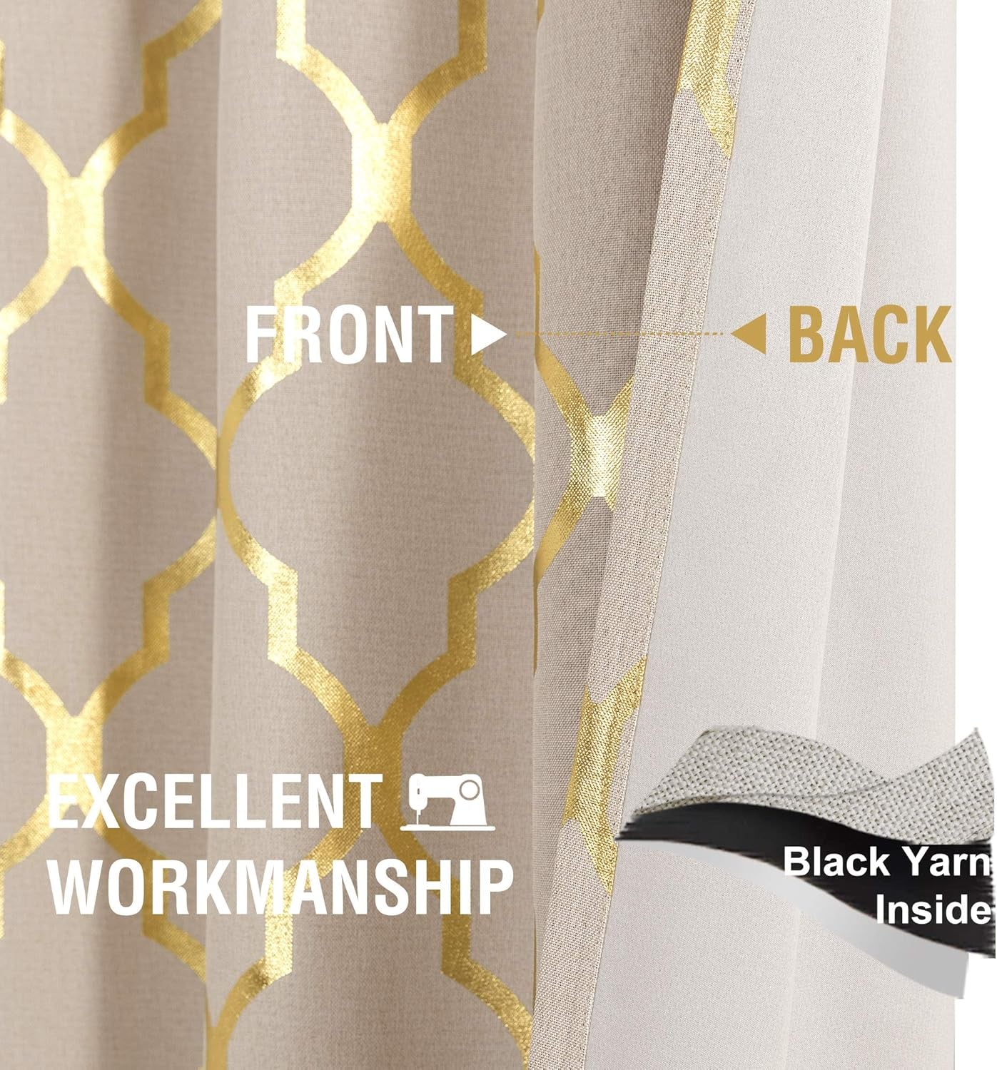 Linen Textured Curtains for Living Room Darkening Drapes Foil Moroccan Tile Print Curtains for Bedroom Window Treatment Set 84 Inch Long One Panel Gold