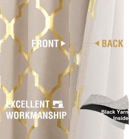 Linen Textured Curtains for Living Room Darkening Drapes Foil Moroccan Tile Print Curtains for Bedroom Window Treatment Set 84 Inch Long One Panel Gold