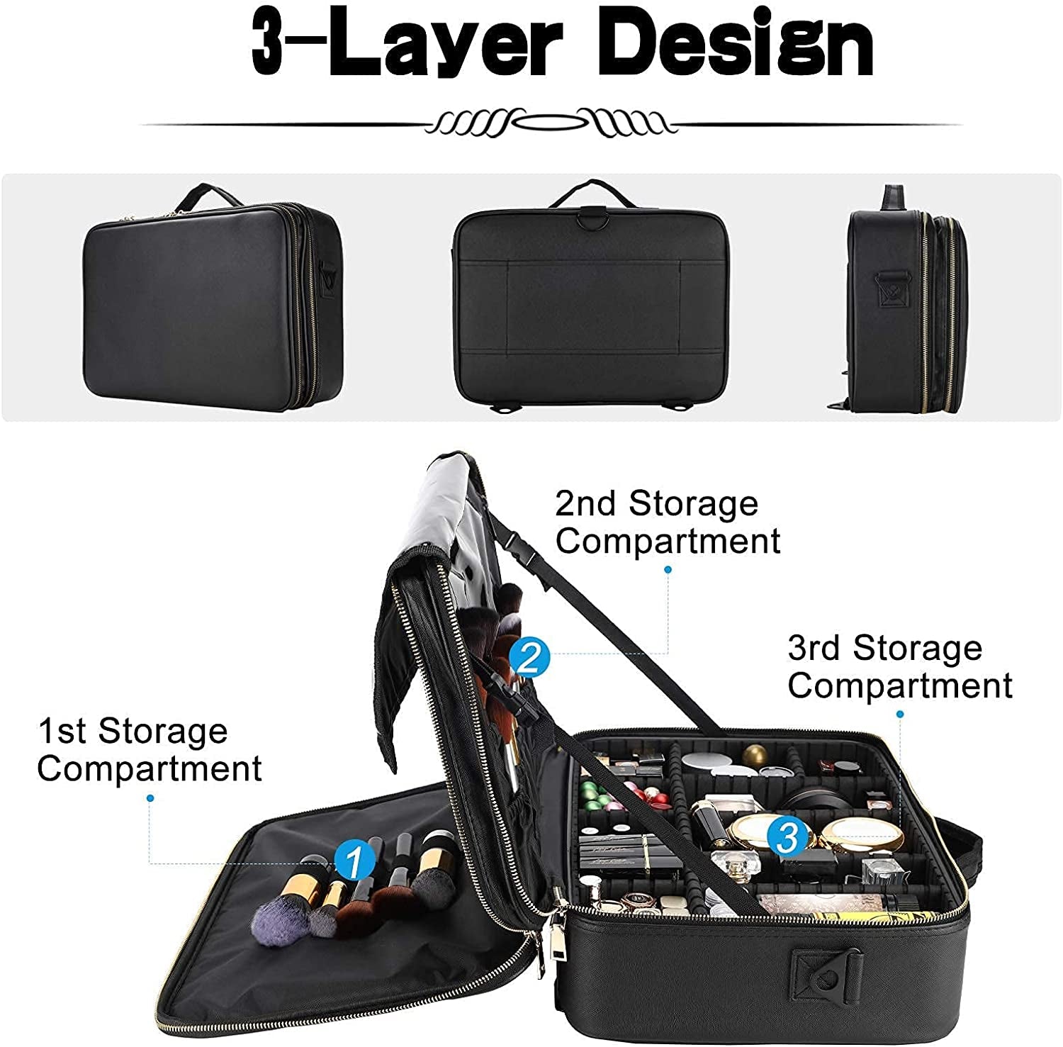 Travel Makeup Train Case, PU Leather Professional Makeup Case with Adjustable Strap Portable Cosmetic Organizer Artist Storage Bag for Toiletry Jewelry Digital Accessories (L-Black)