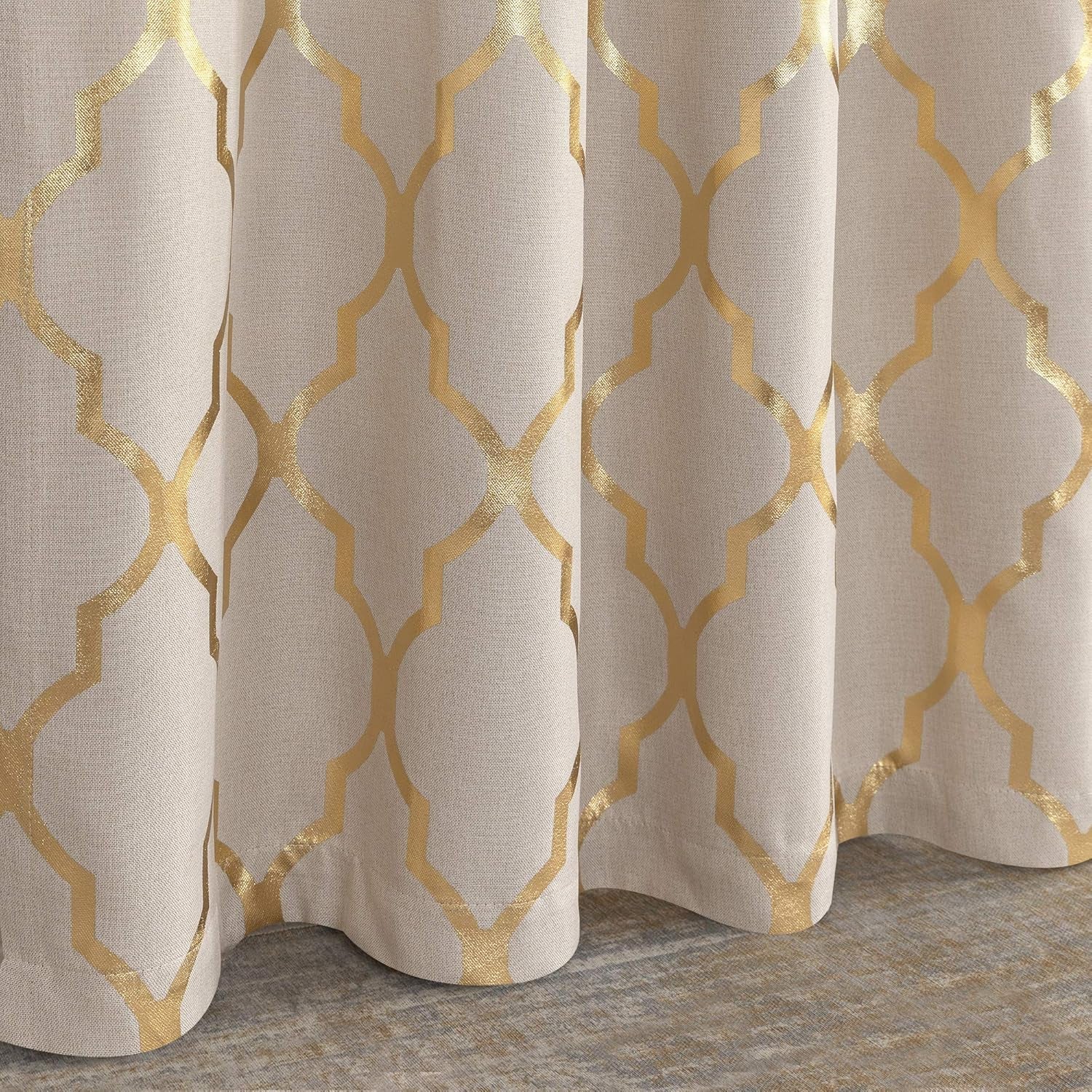 Linen Textured Curtains for Living Room Darkening Drapes Foil Moroccan Tile Print Curtains for Bedroom Window Treatment Set 84 Inch Long One Panel Gold