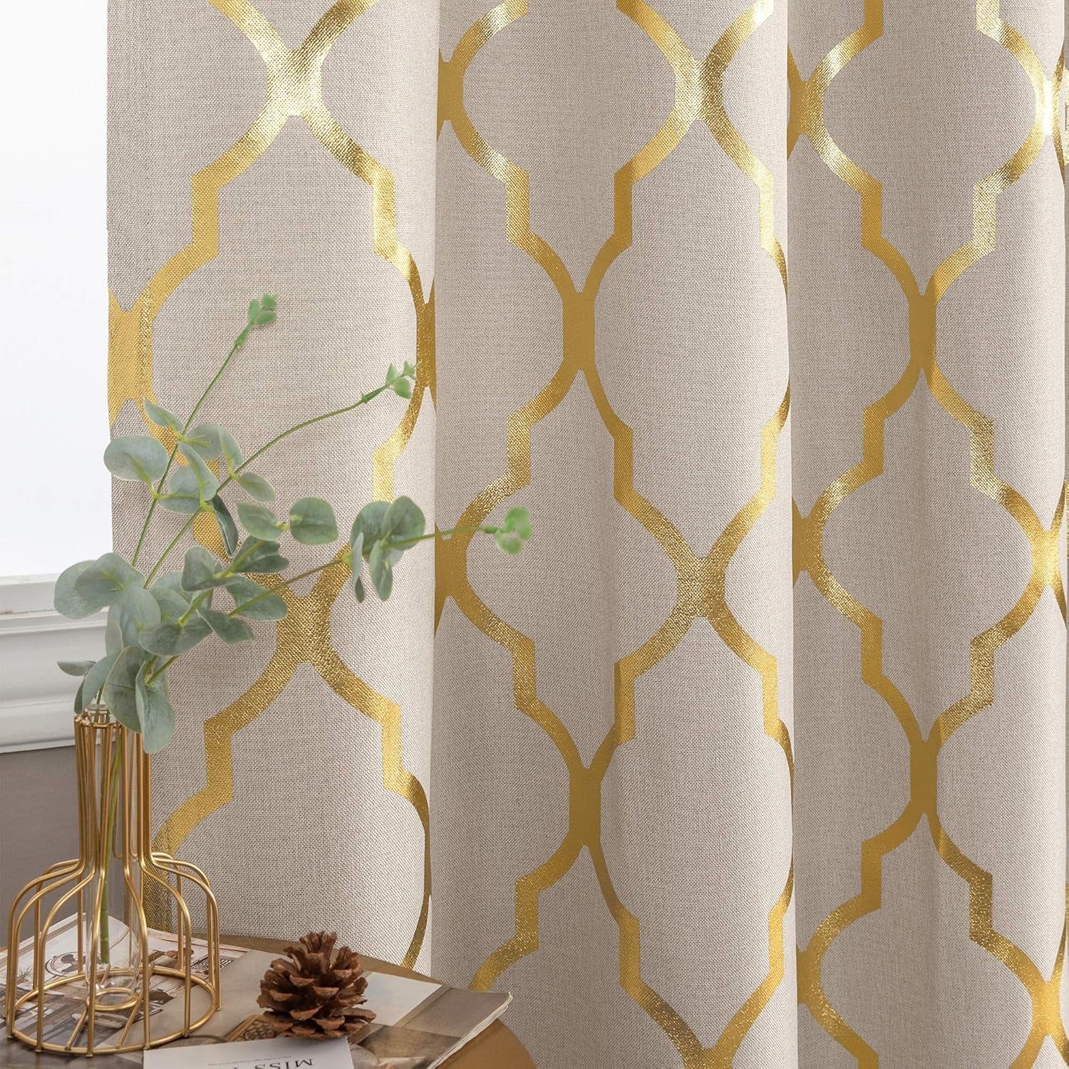 Linen Textured Curtains for Living Room Darkening Drapes Foil Moroccan Tile Print Curtains for Bedroom Window Treatment Set 84 Inch Long One Panel Gold