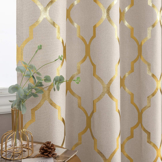 Linen Textured Curtains for Living Room Darkening Drapes Foil Moroccan Tile Print Curtains for Bedroom Window Treatment Set 84 Inch Long One Panel Gold