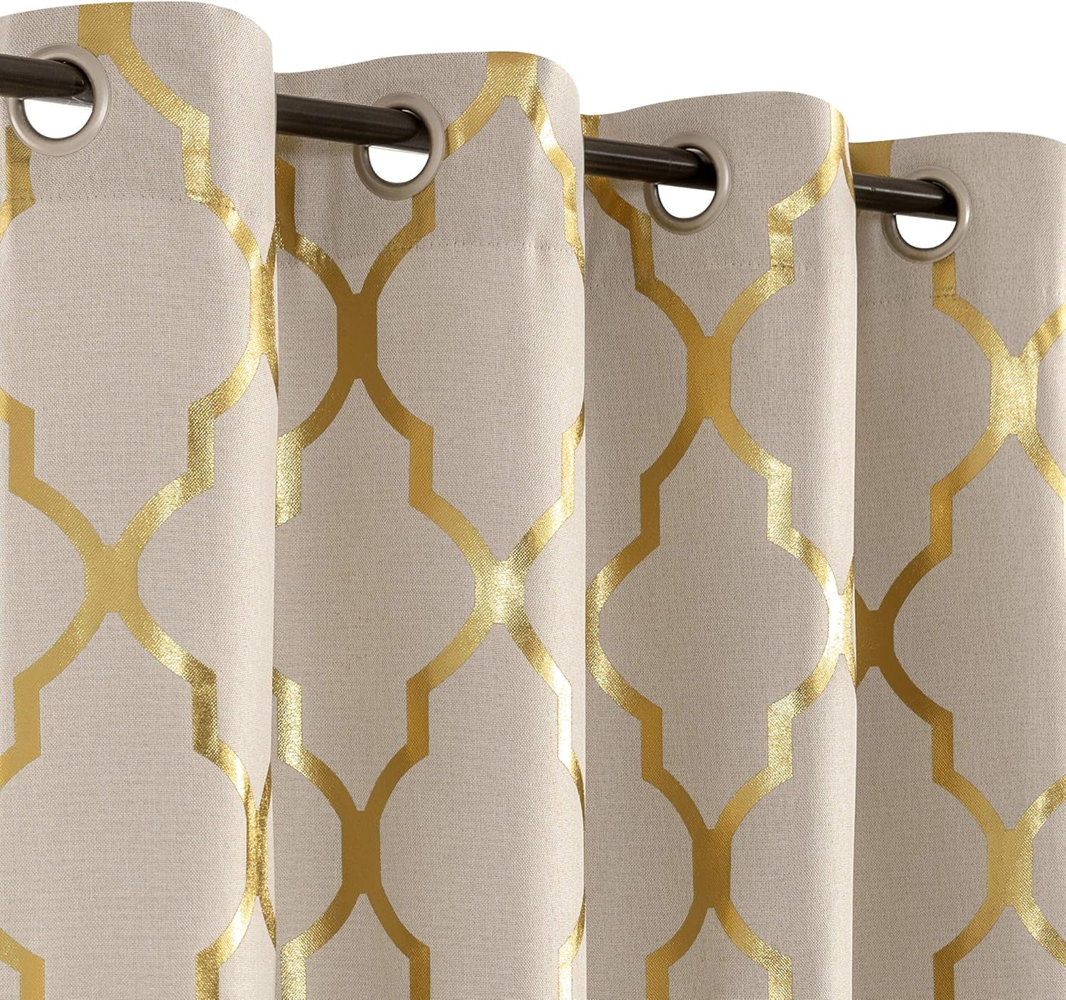 Linen Textured Curtains for Living Room Darkening Drapes Foil Moroccan Tile Print Curtains for Bedroom Window Treatment Set 84 Inch Long One Panel Gold